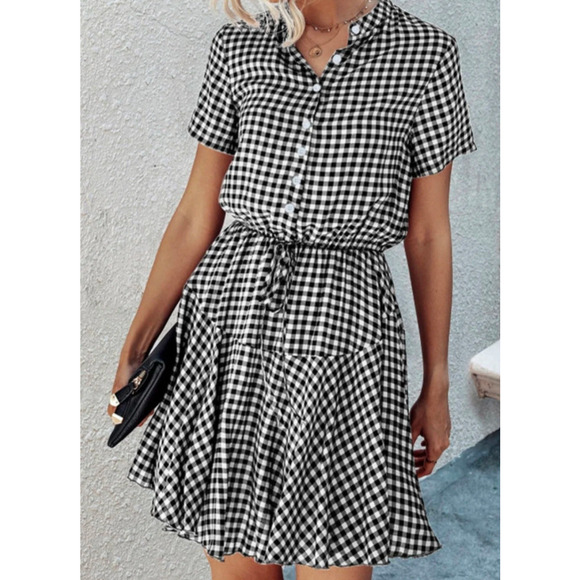 Shein Plaid Mini Dress Black White Summer Short Sleeve Button Size Medium - Picture 1 of 10